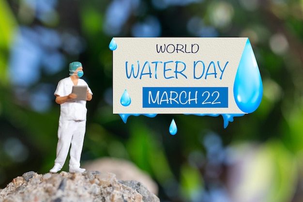 Miniature people Doctor checking text World Water Day on paper while standing atop a rock