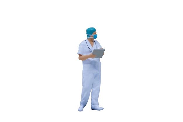 Miniature people Doctors with protective suits and masks on white background with clipping path