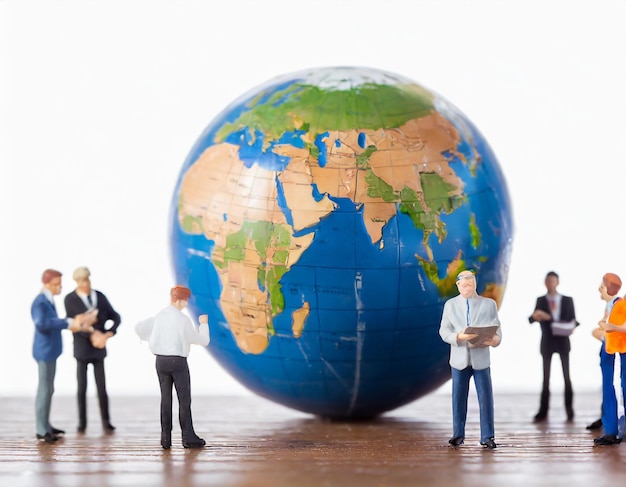 miniature people engineers team standing with globe using as bu