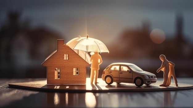 Miniature people family house car and umbrella on the floorgenerative ai