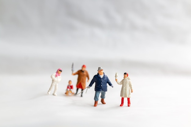 Miniature people Happy family ride a sleigh with snow background