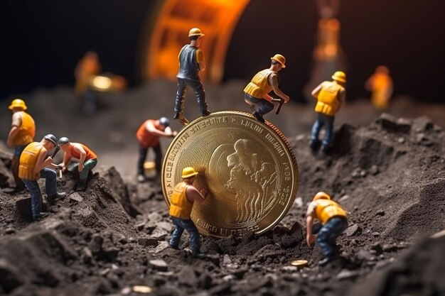 miniature people miner is mining bitcoin