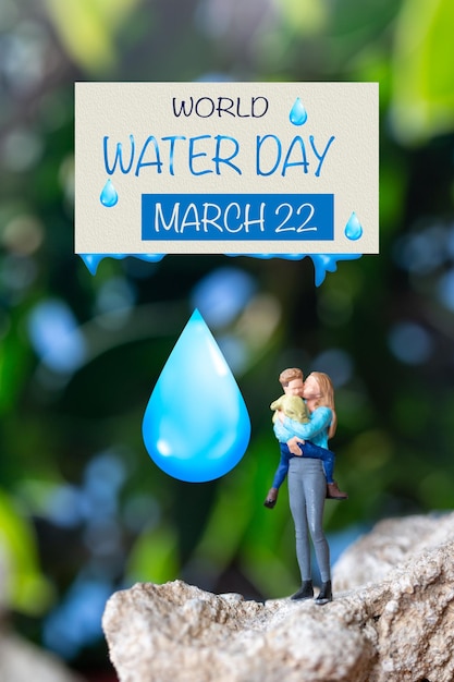 Miniature people mother holding son in the arms and words written on paper World Water Day