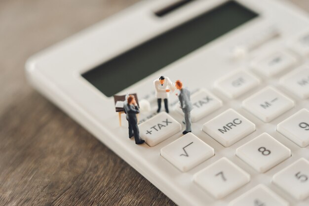 Miniature people Pay queue Annual income (TAX) for the year on calculator. 