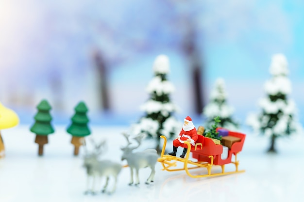 Miniature people: Santa Claus sitting Reindeer Sleigh with greeting or postal card and christmas tree.