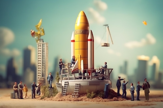 miniature people sitting around a rocket ship with businessmen