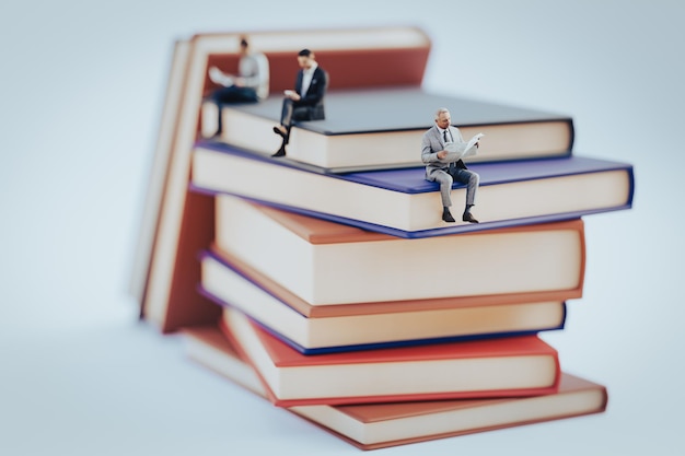 Miniature people sitting on book using as background education or business concept 3D illustration