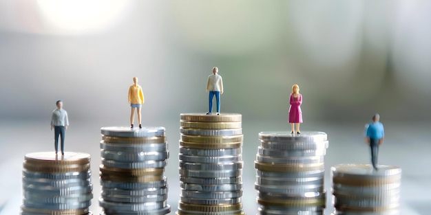 Photo miniature people on stacks of coins show income inequality and social class concept income inequality social class miniature photography conceptual art wealth disparity