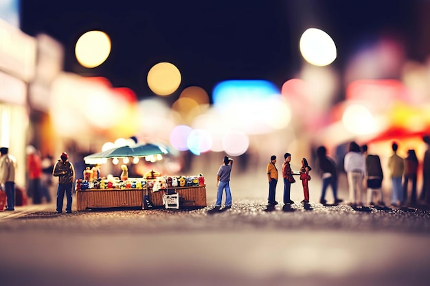 Miniature people stand in front of a stand selling food.