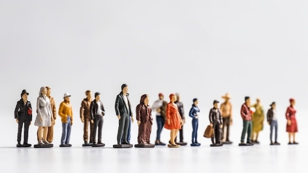 Miniature people stand in a row on a white background business conceptgenerative ai