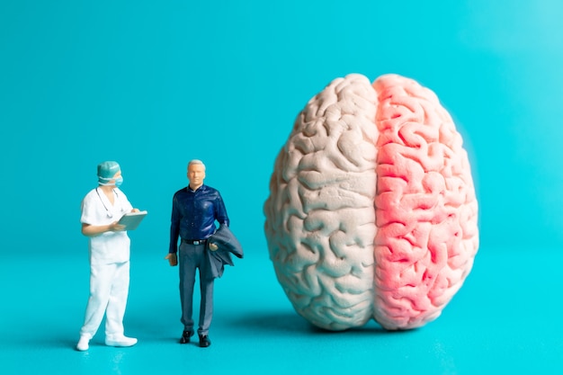 미니어처 사람 외과의사는 환자와 뇌 손상에 대해 이야기했습니다. 세계 뇌졸중의 날 개념입니다.