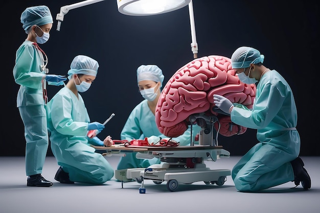 사진 미니어처 사람들 외과 의사 는 뇌 손상 에 관한 환자 와 세계 뇌졸중 날 개념 에 대해 이야기 하였다