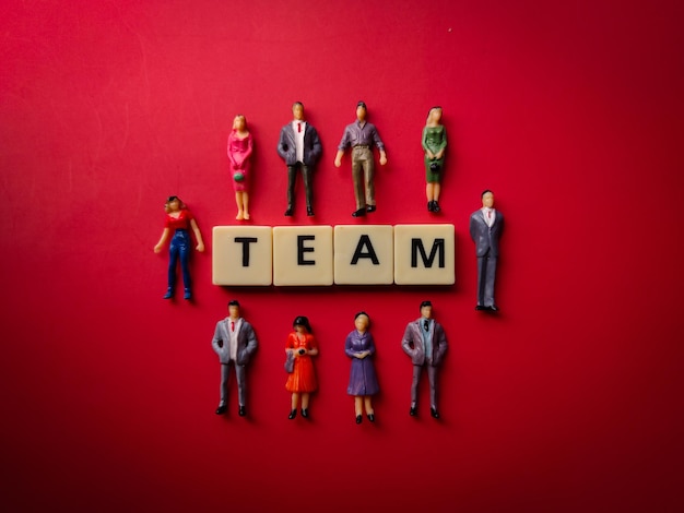 Photo miniature people and toys letters with the word team