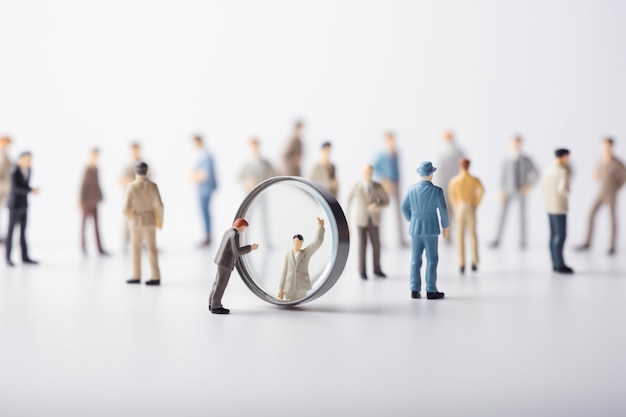 Miniature people with a magnifying glass in front of them.