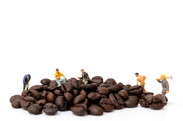 Miniature people working with roasted coffee beans 