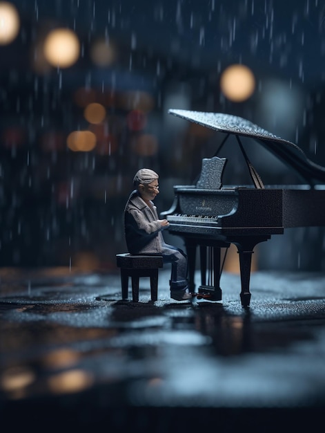 A miniature piano in the rain with a man playing the piano.