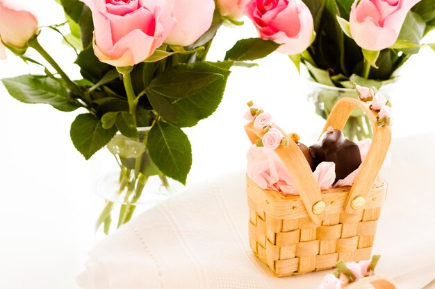 Miniature picnic baskets favor boxes filled with truffles.