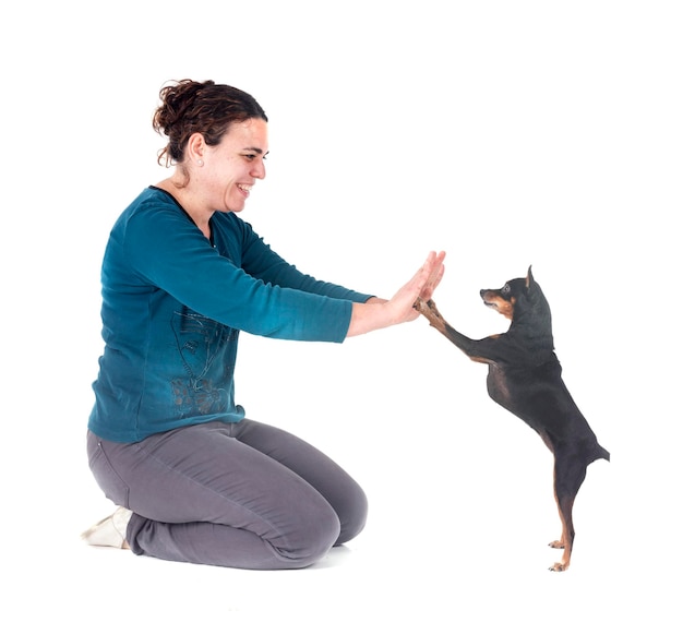 miniature pinscher and woman in studio