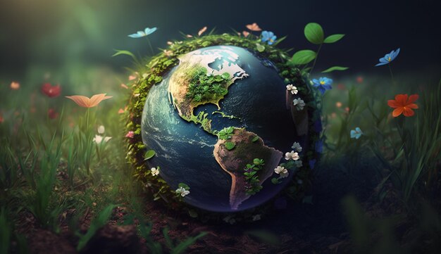 Miniature planet earth filled with green leaves AI Generated