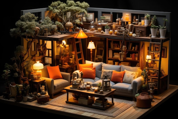 Miniature prototype of an interior design showcasing a cozy living room with miniature furniture