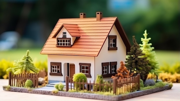 ミニチュア不動産住宅販売のための背景に販売中のクラシックな住宅モデル