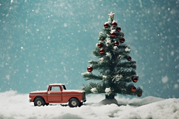 Miniature red car on winter snowing background