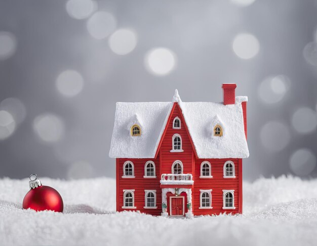 Miniature red house in the snow New Years atmosphere