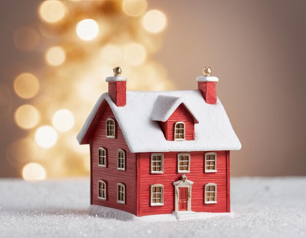 Miniature red house in the snow New Years atmosphere