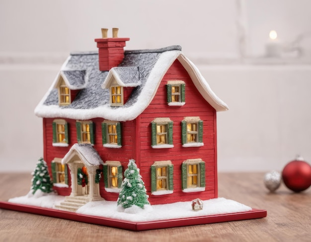 Miniature red house in the snow New Years atmosphere