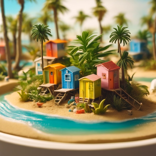 Miniature Resort On A Toilet Seat Closeup Toilet Tiny Beach Huts Hotels And Palm Trees On Toilet