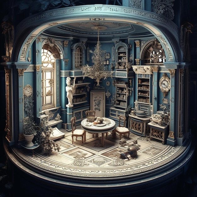 A miniature room with a table and chairs and a clock.