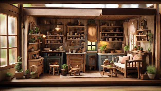 A miniature rustic dollhouse with a cozy inviting interior