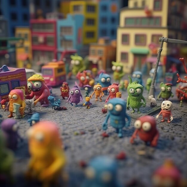 A miniature scene of a city with a bunch of monsters on it.