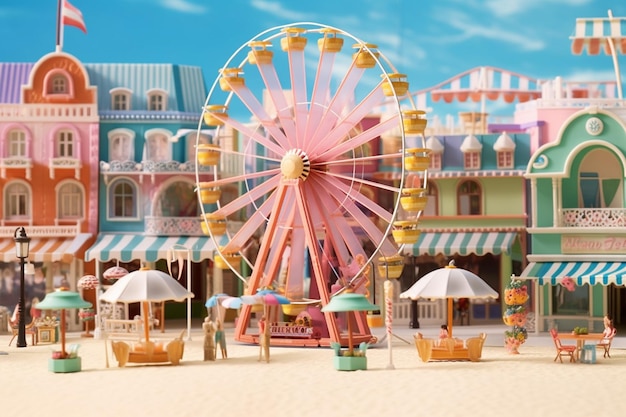 A miniature scene of a ferris wheel and a building with a blue sky in the background.