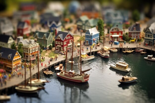 A miniature scene of a small town with a boat in the water