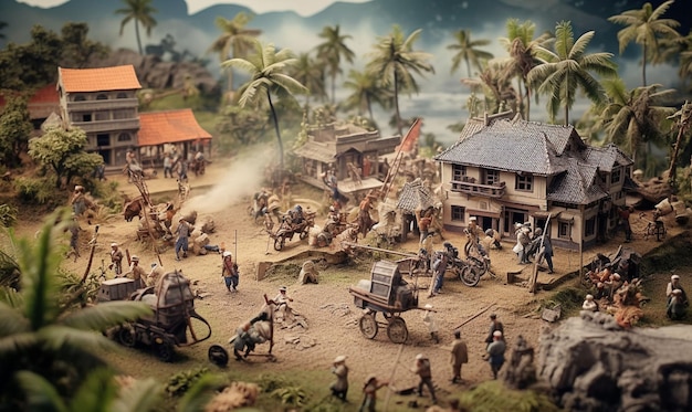 A miniature scene of a village with a man and a cart in front of it.