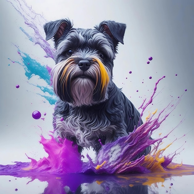 A miniature schnauzer dog with purple paint on it