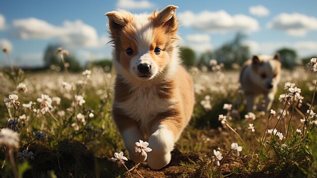 写真 シェットランド犬のミニチュア犬夏に野原で走る遊び心のある幸せで可愛い笑顔の子犬