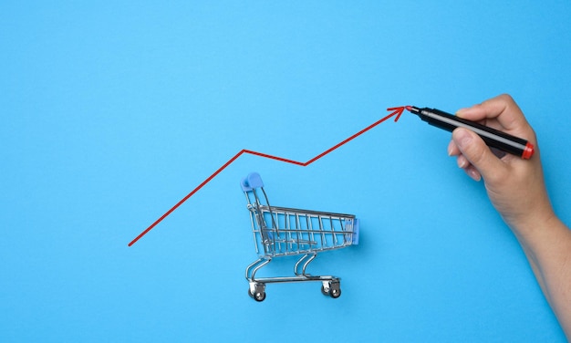 Miniature shopping cart and a hand with a red marker a drawn graph