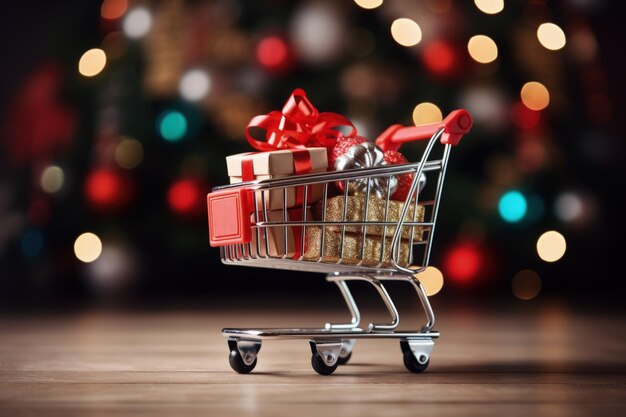 Miniature shopping cart with Christmas objects on a wooden table Generative AI