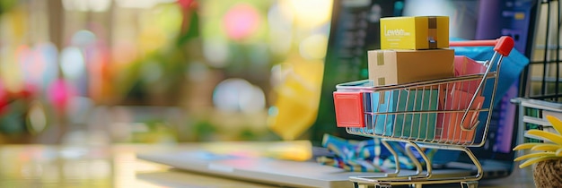 A miniature shopping cart with colorful boxes and paper bags on top placed next to an open laptop displaying