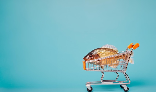 Photo miniature shopping cart with real fresh fish concept for seafood and fish industry with copy space