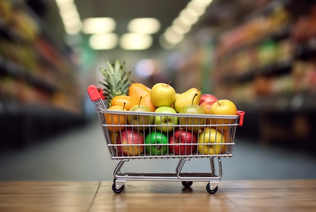 Miniature shopping cart with wheels filled with fresh fruits on wooden table with blurred background in supermarket generative ai