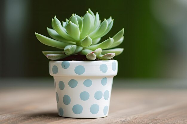 Miniature succulent in painted concrete pot with polka dots