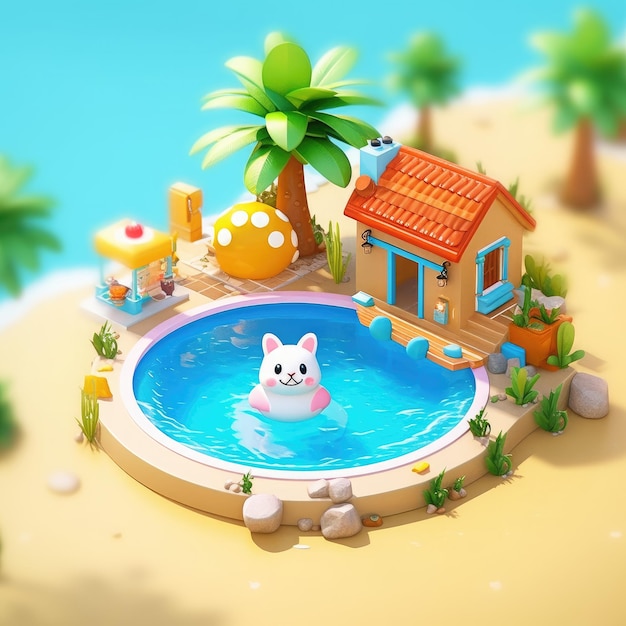 Miniature super cute clay world summer villa pool isometric view cute clay freeze frame ai generated