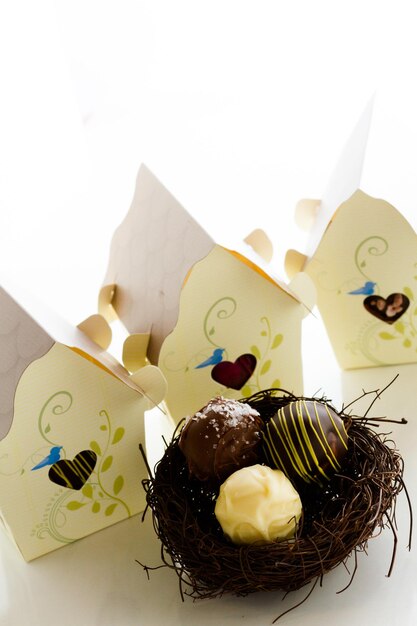 Miniature sweet bird houses favor boxes filled with gourmet truffles.