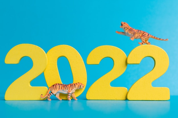 Miniature tiger and number 2022 , the year of tiger chinese new\
year concept