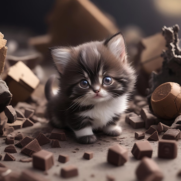 Миниатюрный крошечный котенок такой крошечный шоколад не больше, чем мраморный пушистый чиби реалистичный ИИ