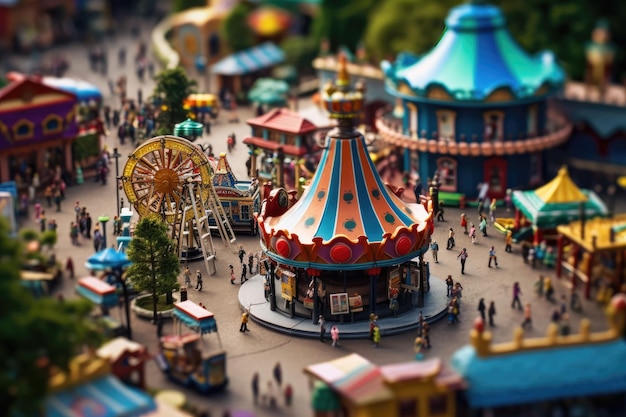 A miniature toy town with a ferris wheel and a large crowd of people