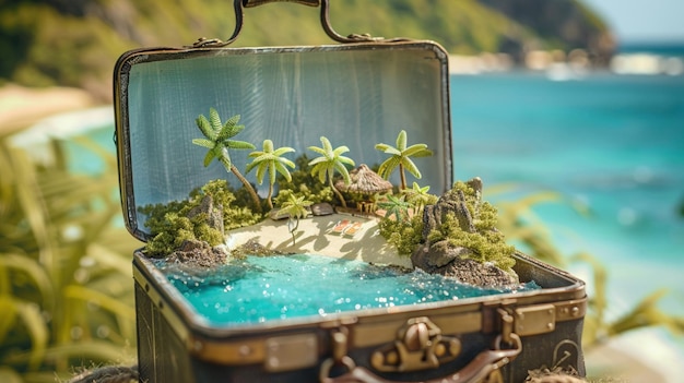 Foto scena di spiaggia tropicale in miniatura all'interno di una valigia aperta